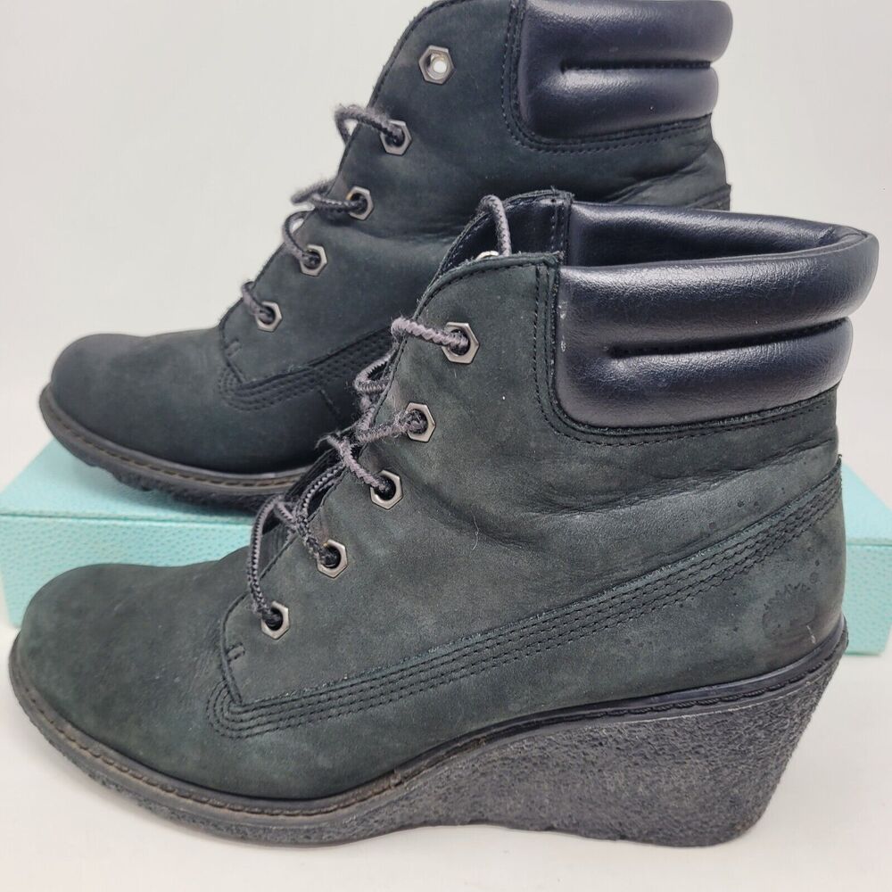 Timberland Boots Amston 6 Ankle Bootie Black Womens 6.5 Lace Wedge Heels 8253A